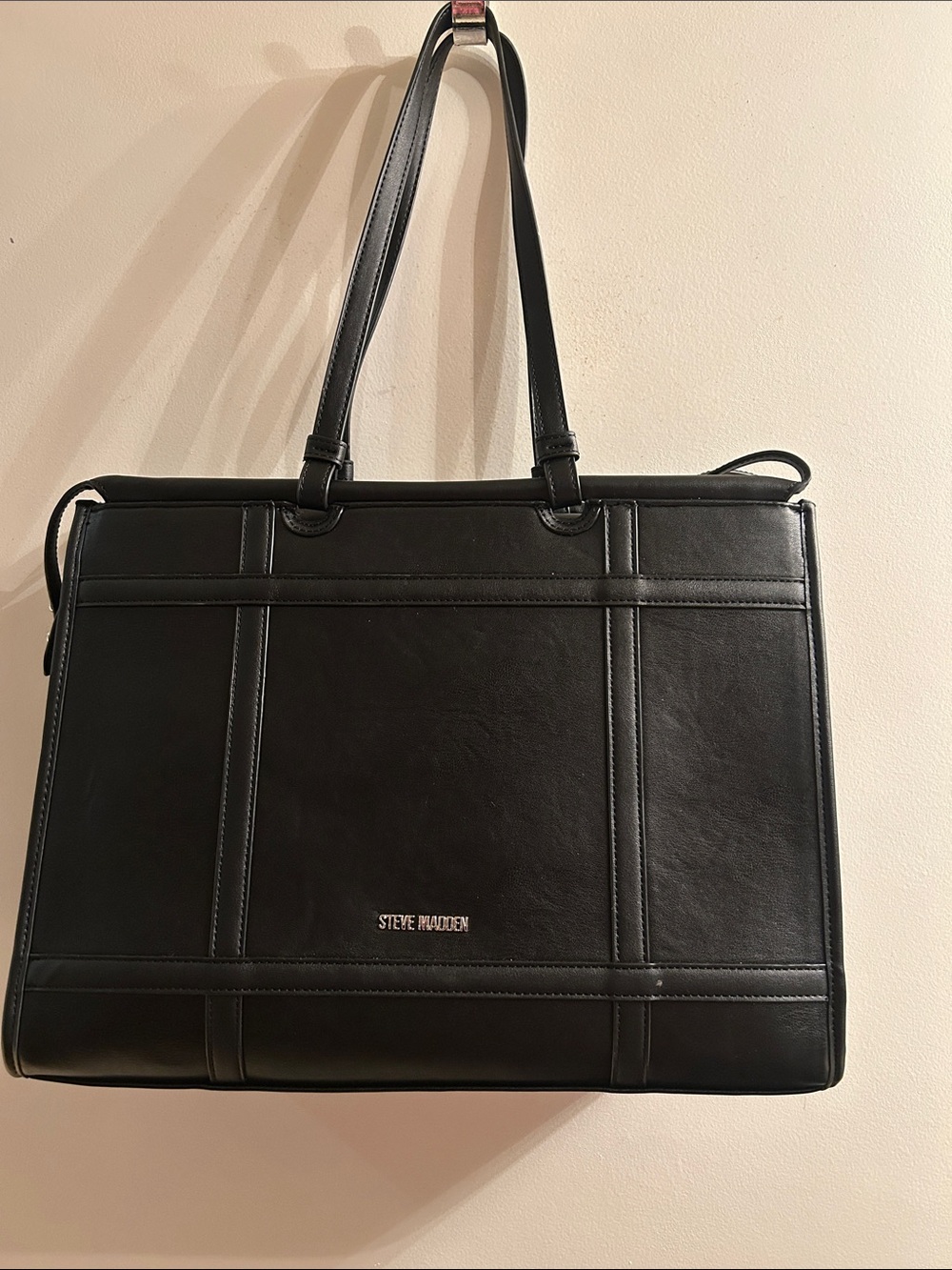 NEW Steve Madden Structured Black Leather Tote Bag - Picture 2 of 6